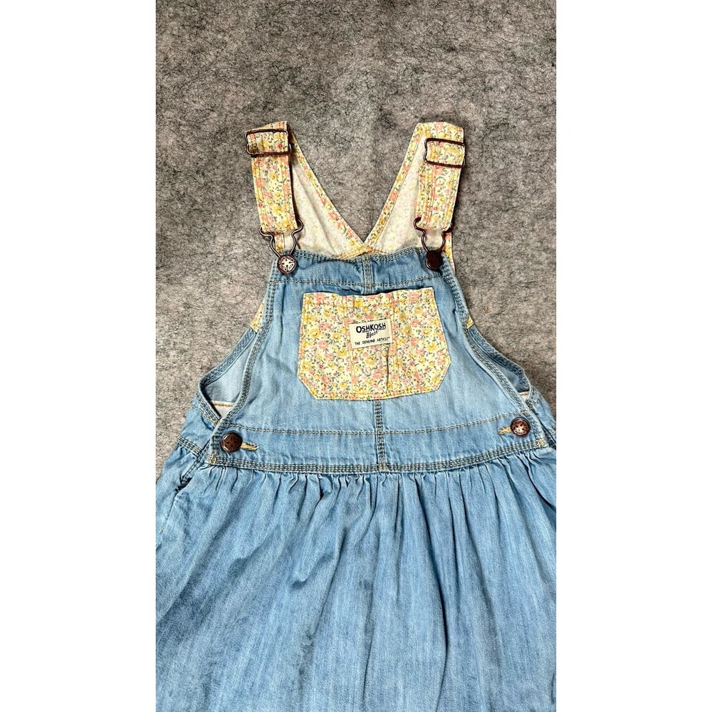 OSHKOSH B'GOSH Girls Denim Dress 5T Floral Straps Pocket Jumper - Picture 2 of 7
